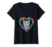 Mujer Paws Dye Heart Russian Blue Cat Camiseta Cuello V