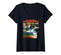 Mujer Paws on books eyes on treats Camiseta Cuello V