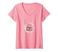 Mujer Paws & Reflect: Cita inspiradora de los Amantes de los Gatos conscientes Camiseta Cuello V, Rosado, L