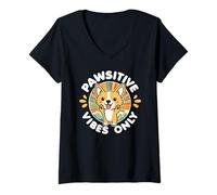 Mujer Pawsitive Vibes Only Cute Kawaii Corgi Motivación positiva Camiseta Cuello V