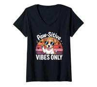 Mujer Pawsitive Vibes Only, lindo amante de los perros Jack Russell Terrier Camiseta Cuello V