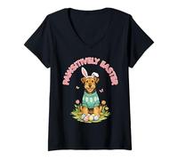 Mujer Pawsitively Easter Terrier Orejas de Conejo Lindos Huevos Primavera Cachorro Camiseta Cuello V