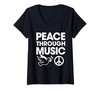 Mujer Paz a través de la música Inspirador Signo de Paz Paloma Arte Musical Camiseta Cuello V