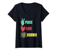 Mujer Paz Amor Ciencia Mensaje Retro Colorido Camiseta Cuello V