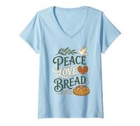Mujer Paz Amor Pan Paloma Masa Madre Panadería Casera Hornear Camiseta Cuello V