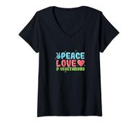 Mujer Paz Amor & Vegetarianos Colorido Arte Vegetariano Camiseta Cuello V