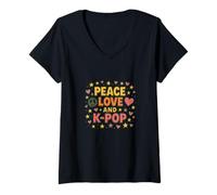 Mujer Paz Amor y K-Pop ilustración Pop coreano Camiseta Cuello V