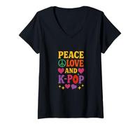 Mujer Paz Amor y K-Pop ilustración Pop coreano Camiseta Cuello V