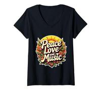 Mujer Paz Amor Y Música Amante Músico Profesor Vintage Groovy Camiseta Cuello V