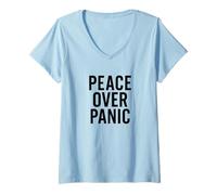 Mujer Paz sobre el pánico. Estoico, Motivacional, Cita. Camiseta Cuello V