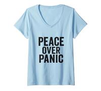Mujer Paz sobre el pánico. Estoico, Vintage, Motivacional, Cita. Camiseta Cuello V