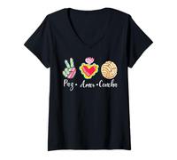 Mujer Peace, Love and Concha Pan Dulce Mexican Baked Concha Pastry Camiseta Cuello V