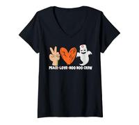 Mujer Peace Love Boo Crew Nurse Funny Halloween Costume Camiseta Cuello V