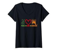 Mujer Peace Love Bowling Retro Bowler Bowling Player Ball and Pins Camiseta Cuello V