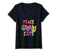 Mujer Peace Love Cats Expresión colorida Camiseta Cuello V