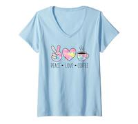 Mujer Peace Love Coffee Retro Acuarela Mano Corazón Taza Gráfico Camiseta Cuello V