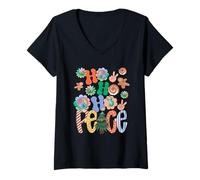 Mujer Peace Love Hippie Decor Groovy and Bright Hohoho Christmas Camiseta Cuello V