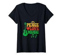 Mujer Peace Love Music Retro Hippie Vibes Guitarra 60s 70s Estilo Camiseta Cuello V