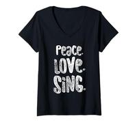 Mujer Peace Love Sing - Camisa para Cantantes para música, Bonito Regalo, Color Blanco Camiseta Cuello V