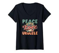 Mujer Peace Love Ukelele Hippie Hawaiano Reproductor de música Retro Camiseta Cuello V