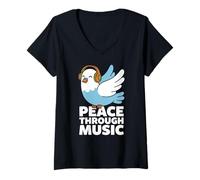 Mujer Peace Through Music Cute Dove Auriculares Retro Positive Bird Camiseta Cuello V
