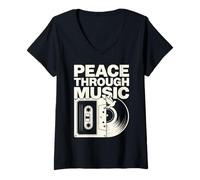 Mujer Peace Through Music Groovy Hippie Retro Cassette Vinilo Art Camiseta Cuello V