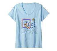 Mujer Peanuts Tokyo Snoopy Surfs Up Japón Vintage Kanji Glitch VHS Camiseta Cuello V
