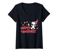Mujer Peanuts Xmas Snoopy Woodstock Sombrero de Papá Noel Happy Treats Vintage Camiseta Cuello V