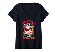 Mujer Pecho Nueces Asado Divertido Travieso Santa Comida Sucia Juego de Palabras Navidad Camiseta Cuello V