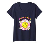 Mujer Pediátrica Enfermera Retro Melting Yellow Smile Checkerboard Peds Camiseta Cuello V