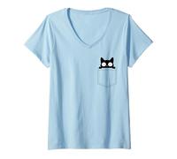 Mujer Peeking Black Cat Pocket Gato negro que mira fijamente Camiseta Cuello V