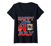 Mujer Pekingese Dog American Flag Glasses Happy 4th of July Camiseta Cuello V