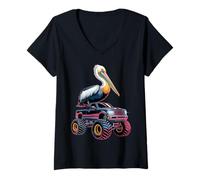 Mujer Pelícano en Monster Truck Camiseta Cuello V