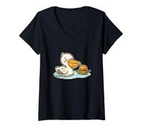 Mujer Pelícano Hamburguesa De Dibujos Animados Camiseta Cuello V