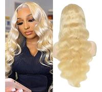 Mujer Peluca Blonde 613 Body Wave Pelucas de encaje sintético for mujeres Línea de cabello prearrancada con cabello de bebé Fibra larga y rizada resistente al calor Parte en T Pelucas delanteras de en