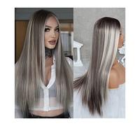 Mujer Peluca Cabello largo y recto Rubio ceniza Destacados Pelucas de encaje Pre arrancado Línea de cabello natural Parte T Pelucas delanteras de encaje sintético resistente al calor sin cola for muje