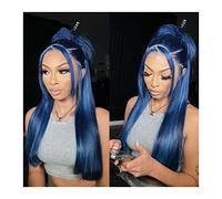 Mujer Peluca Peluca azul recta 13X4 peluca con malla frontal 8-26 "pelucas de cabello humano de color brasileño for mujeres pelucas frontales de encaje transparente prearrancado Cabello Sintético(26in