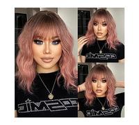 Mujer Peluca Peluca corta Ombre Pink Bob con flequillo Pelucas de raíces oscuras rizadas sintéticas for mujeres Hombro largo Cosplay Cabello diario Resistente al calor Cabello Sintético