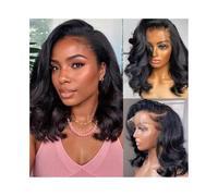 Mujer Peluca Peluca de cabello humano 100% brasileño Remy, con ondas corporales, corte bob corto, densidad 180, parte lateral, encaje frontal, prearrancado Cabello Sintético(16inches)