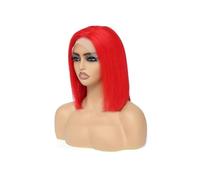 Mujer Peluca Peluca de cabello humano corto color rosa, bob, 13x4, con encaje transparente, prearrancada Cabello Sintético(Red,14inches)