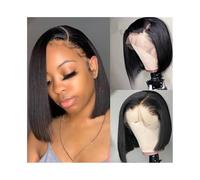 Mujer Peluca Peluca de cabello humano liso con raya lateral, 13×4, encaje frontal y línea de cabello pre-arrancada Cabello Sintético(8inches)