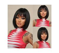 Mujer Peluca Peluca de pelo Natural Bob negro, pelucas sintéticas cortas y rectas con flequillo for mujer, peluca de pelo de uso diario for Cosplay, fibra resistente al calor Cabello Sintético