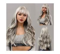 Mujer Peluca Peluca gris plateada ondulada Natural larga, flequillo femenino, fiesta de cosplay sintética, uso diario, resistente al calor Cabello Sintético