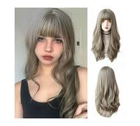 Mujer Peluca Peluca larga gris con flequillo, pelucas largas onduladas y rizadas for mujer Peluca sintética de aspecto natural Lolita Cosplay resistente al calor for disfraces diarios de Halloween Cab
