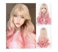 Mujer Peluca Peluca larga ondulada con flequillo, peluca rizada natural de color rubio degradado a rosa for mujer, pelucas de pelo sintético resistente al calor for cosplay Cabello Sintético