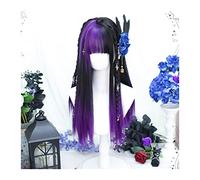 Mujer Peluca Peluca larga púrpura negra recta sedosa recta sintética resistente al calor peluca con flequillo disfraz de Halloween pelucas de pelo de Cosplay for mujeres Cabello Sintético