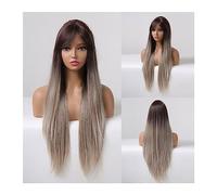 Mujer Peluca Peluca larga sintética Ombre marrón gris con flequillo recto Cosplay pelucas naturales for mujeres negras pelo falso resistente al calor Cabello Sintético