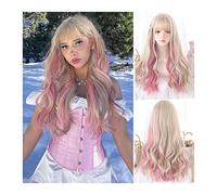Mujer Peluca Peluca rizada larga ondulada con flequillo, reflejos rubios, peluca rizada rosa for mujeres y niñas, peluca de cosplay de Lolita, peluca de fiesta natural resistente al calor Cabello Sint