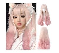 Mujer Peluca Peluca rizada larga y ondulada con flequillo, peluca ondulada de color rosa claro con degradado rubio for mujeres y niñas, pelucas sintéticas resistentes al calor for cosplay de Halloween