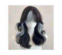 Mujer Peluca Peluca sintética corta ondulada con reflejos negros y azules, con flequillo, esponjosa y resistente al calor. Cabello Sintético